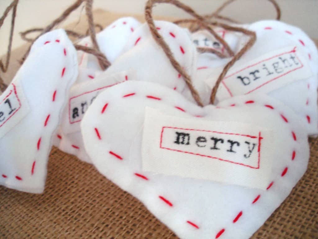 typography heart ornaments burlap+blue