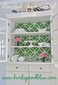 stenciled china cabinet burlap+blue