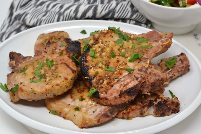 Grilled Honey Mustard Pork Chops + Tomato, Cucumber, Feta Salad {Easy ...